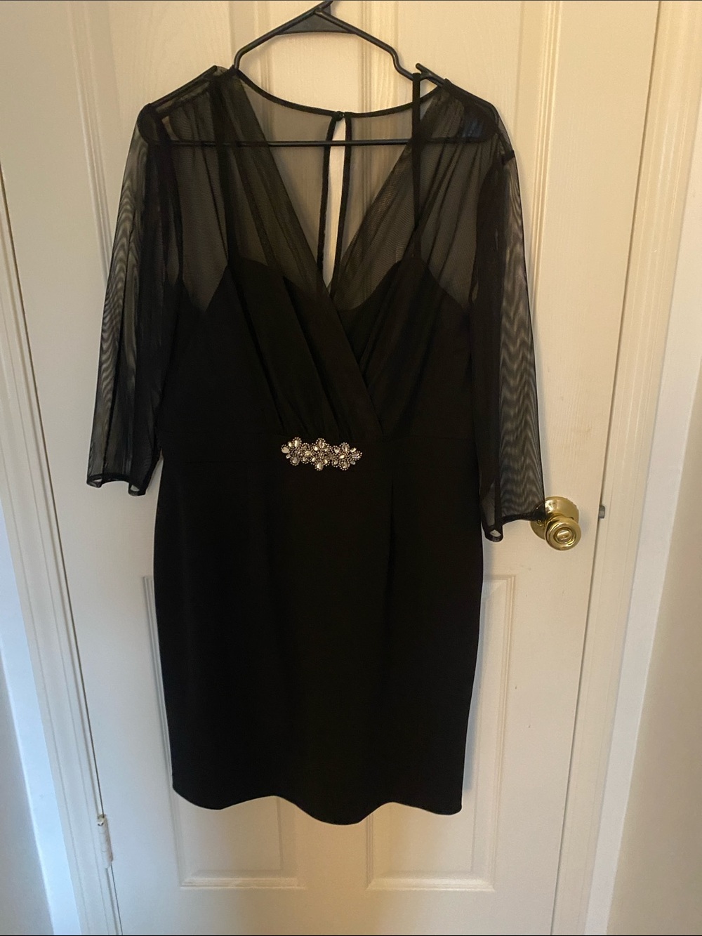 Alex Evenings Black Midi Dress with Sheer Sleeves and Jewel Waist
